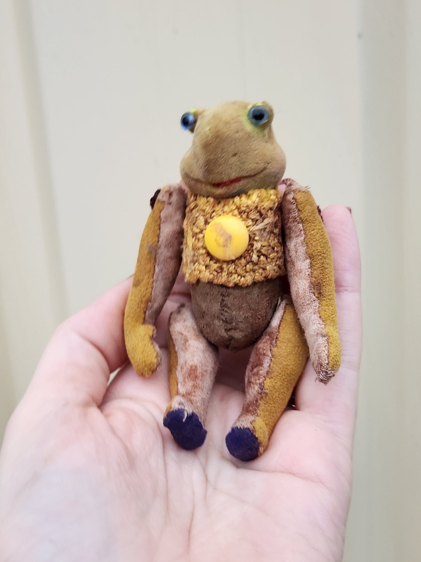 Raggy Frog (head from figurine and given glass eyes and felt red mouth)